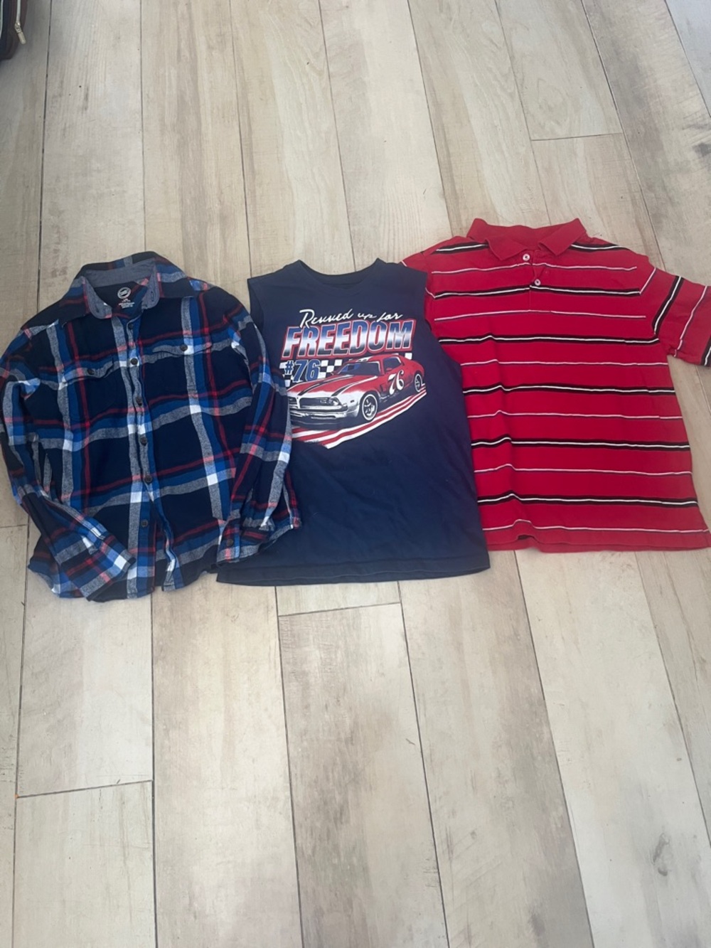 Arizona Jean - Boys red stripe, Navy Plaid Button-Down Shirt & USA tank-top